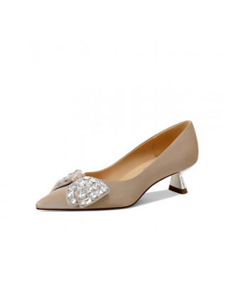 Leather Pointed Toe Rhinestone Bow High Heels