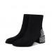 Black Square Toe Pearl Rhinestone Chunky Heel Cashmere Women's Short Boots