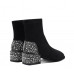 Black Square Toe Pearl Rhinestone Chunky Heel Cashmere Women's Short Boots