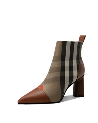 Brown British Style Classic Plaid Heeled Boots
