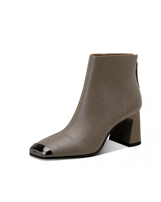 Embossed Lambskin Metal Square Toe Heeled Boots