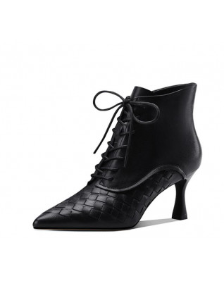 Lace-up vintage woven leather sexy pointed toe stiletto Martin boots