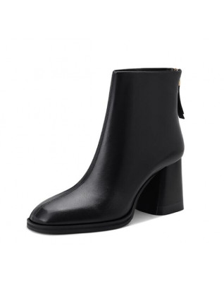 New French style round toe leather high-heeled ankle boots