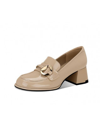 First layer leather chunky heel square toe loafers