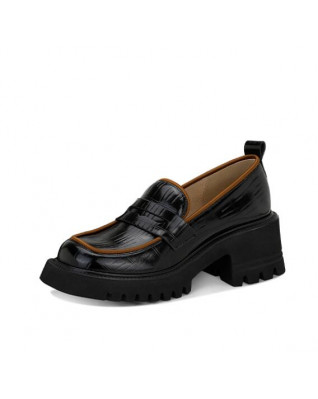Simple all-match splicing square toe chunky heel platform loafers
