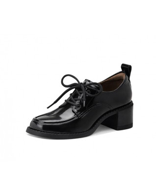 Simple first-layer cowhide mid-heel lace-up loafers