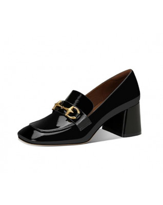 Stylish black patent leather horsebit square chunky heel loafers