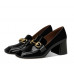 Stylish black patent leather horsebit square chunky heel loafers